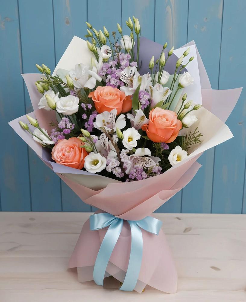 Букет цветов из: Лизиантусы, Розы, Альстромерии и Гипсофила в Чамлыкской