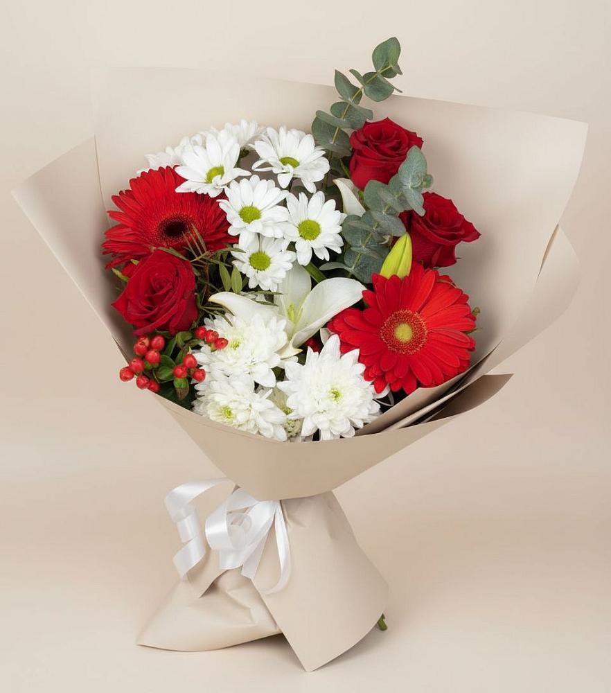 Букет цветов из: Розы, Хризантемы, Герберы и Лилии в Чамлыкской