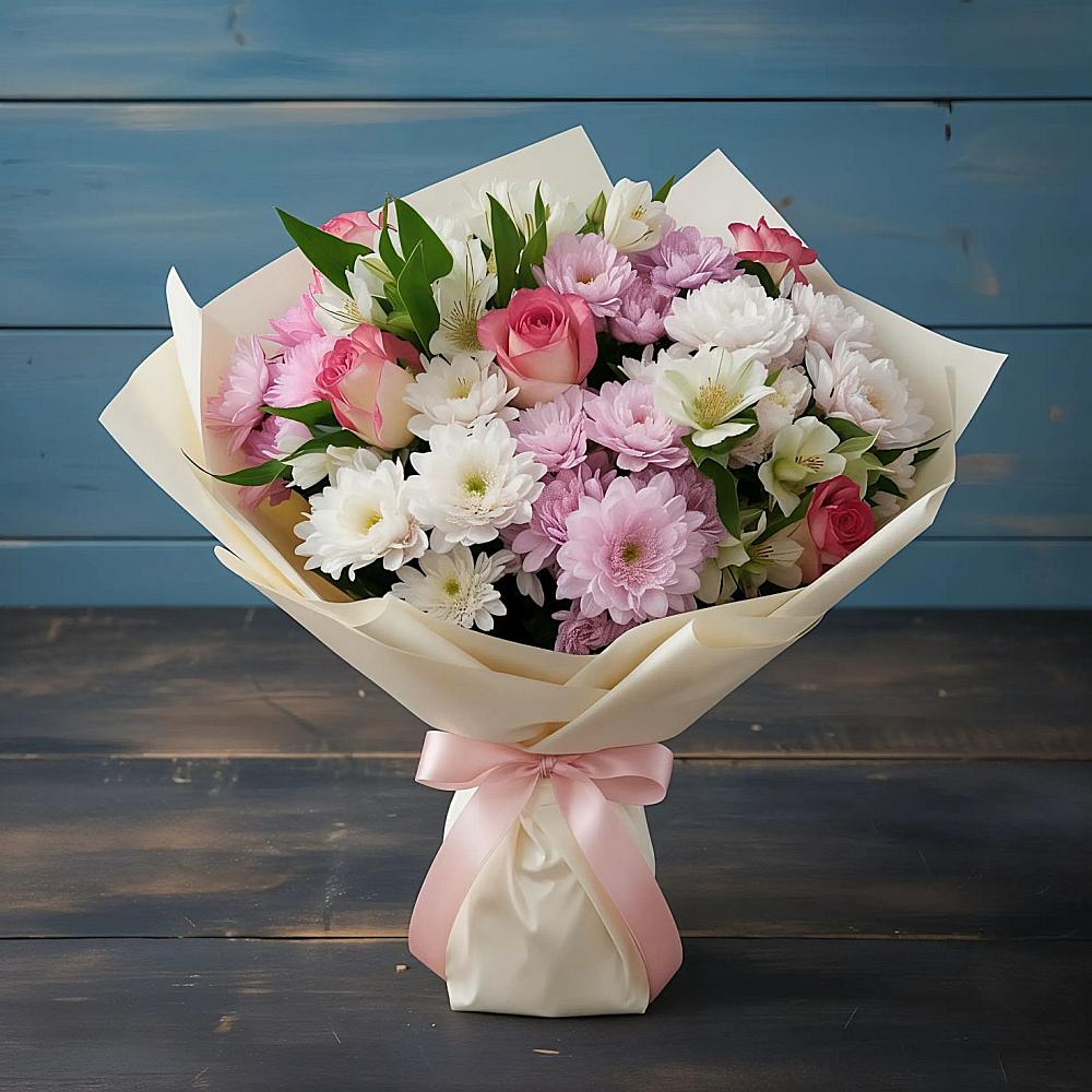 Букет цветов из: Хризантемы, Альстромерии и Розы в Чамлыкской